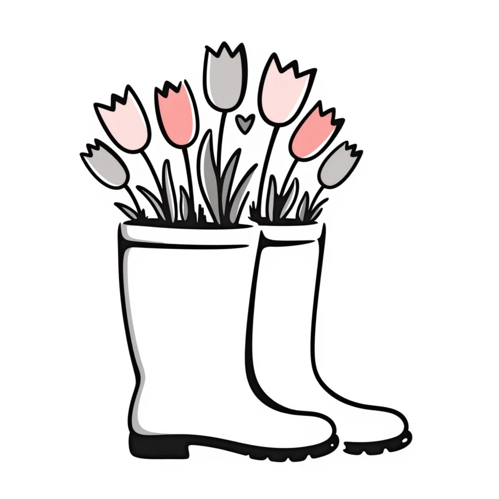 Rubber rain boots/wellington boots with tulip flowers sticking out from the top, in pastel colors (dd9fb0, ffc6d3, a3bfc9, c4bee2, f1b091), hand-drawn doodle style emoji