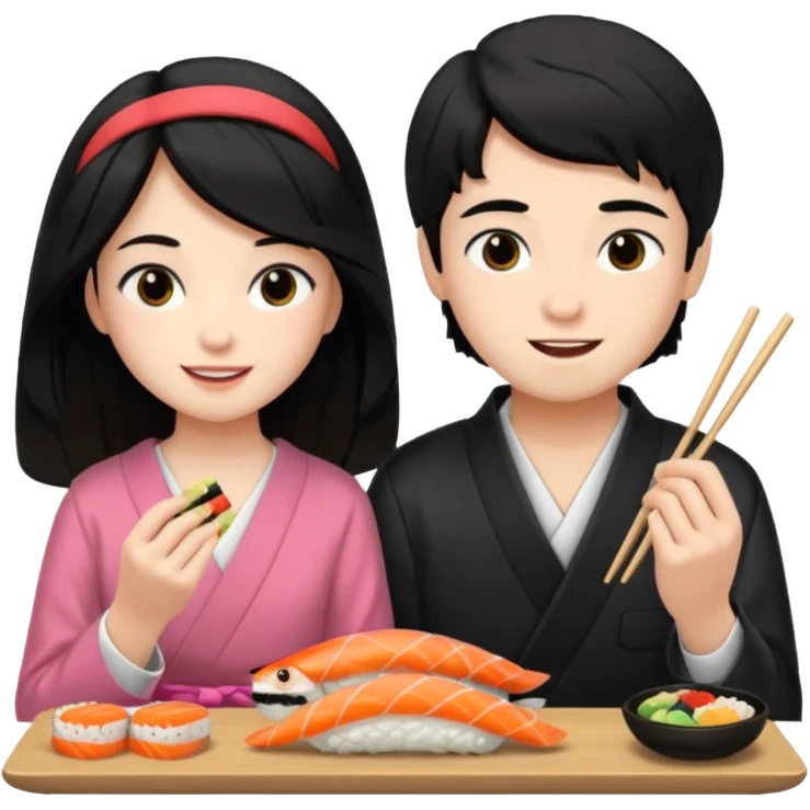 czarnowłosa ksieżniczka w dlugich wlosach je sushi z chłopakiem o czarno brązowych włosach i są zadowoleni i są nastolatkami i te włosy są lekko krecone i chłopak ma włosy do wysokosi nad brwiami emoji