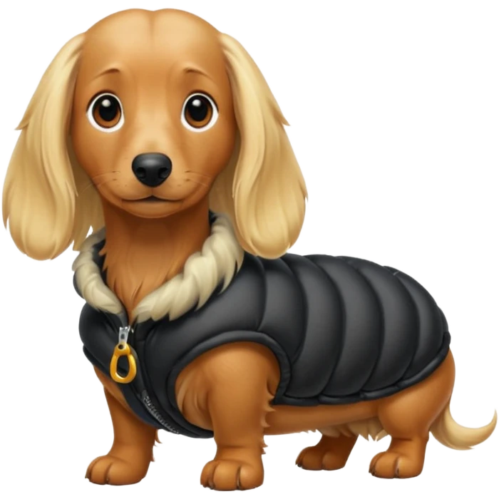 Long hair blonde Daschund dog in huge black puffer  emoji