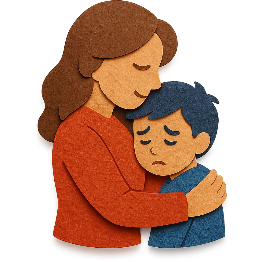 mother hugging sad child, layered paper look, tender moment emoji