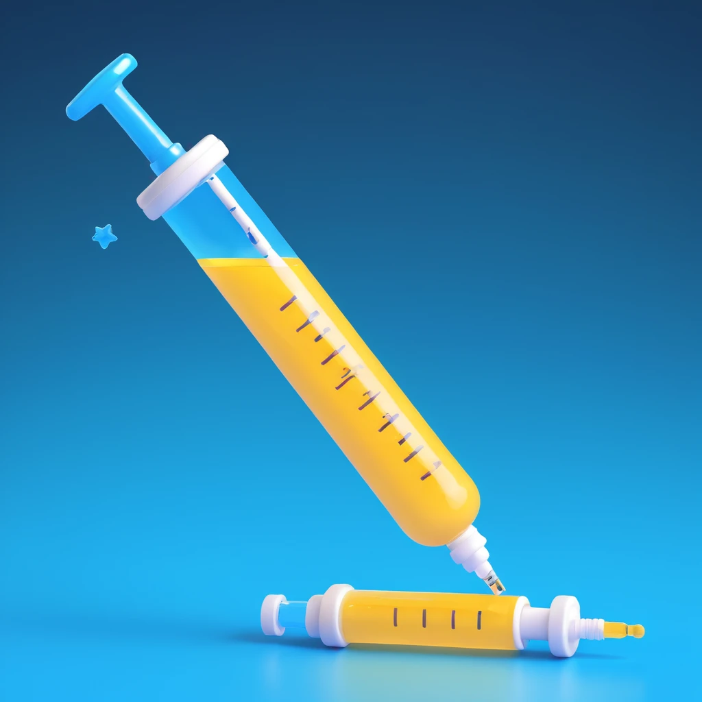 medical syringe with blue liquid and a tiny star, symbolizing the IVF trigger shot, clean emoji style emoji