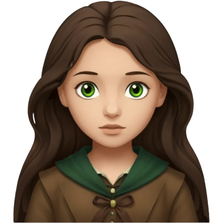 Eponine From Les Miserables with light skin, green eyes, Dark Brown long Hair, brown outfit emoji