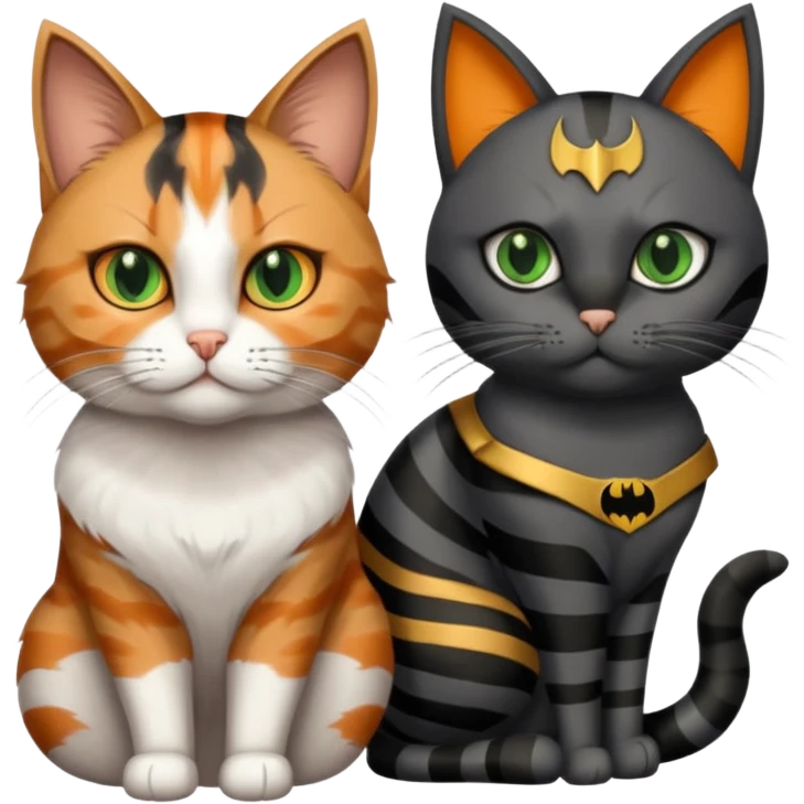 A grey tabby cat with dark grey stripes and green eyes sitting next to a calico cat with orange eyes, calico cat has dark fur around her eye almost like a Batman mask emoji