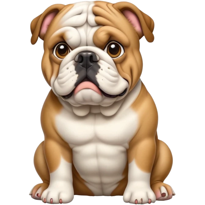 cinematic-[english bulldog]-realistic-full-body-sitting-emoji,-tail-resting-loosely-beside-its-paws,-head-tilted-dramatically,-sleek-[fawn]-fur,-simplified-yet-realistic-focused-features,-highly-detailed,-glowing-with-an-almost-sarcastic-glow emoji