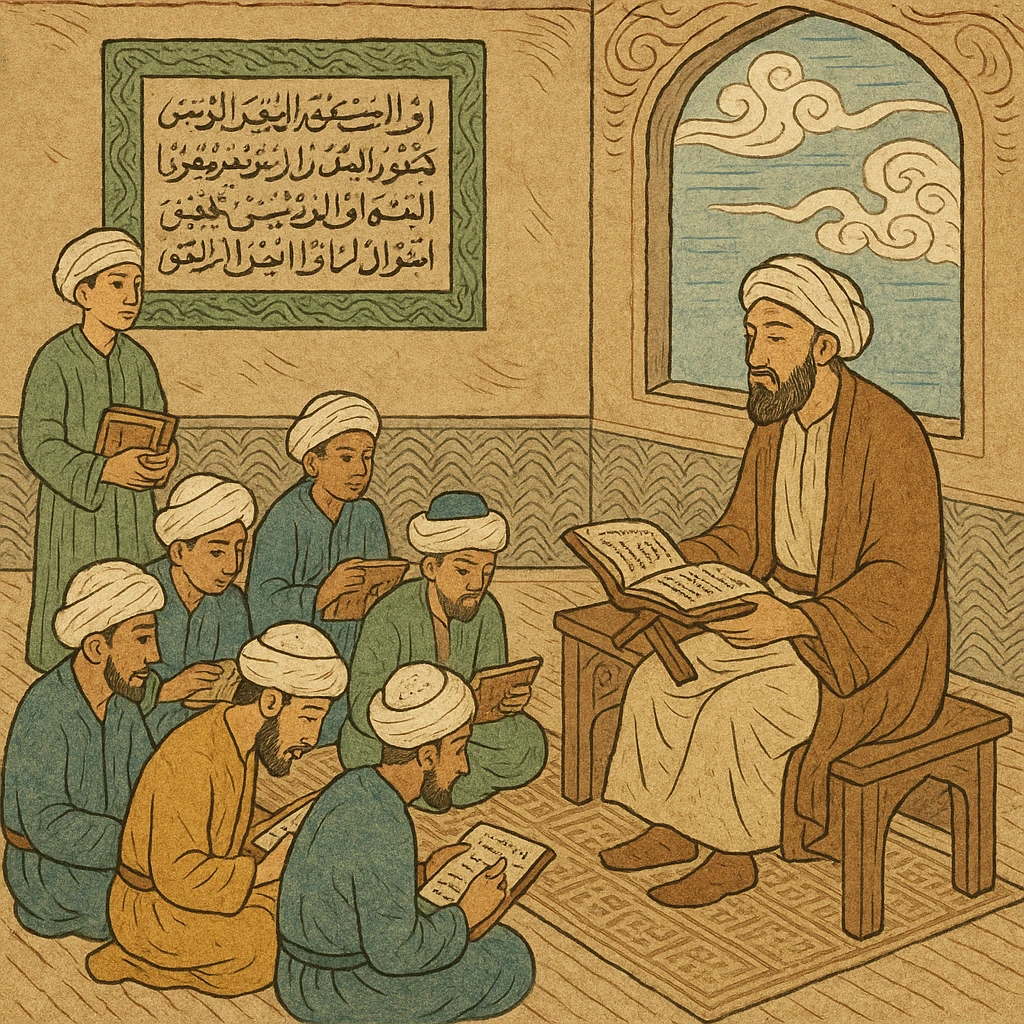 detailed and artistic representation of an Islamic school with calligraphy elements, traditional ukiyo-e style emoji