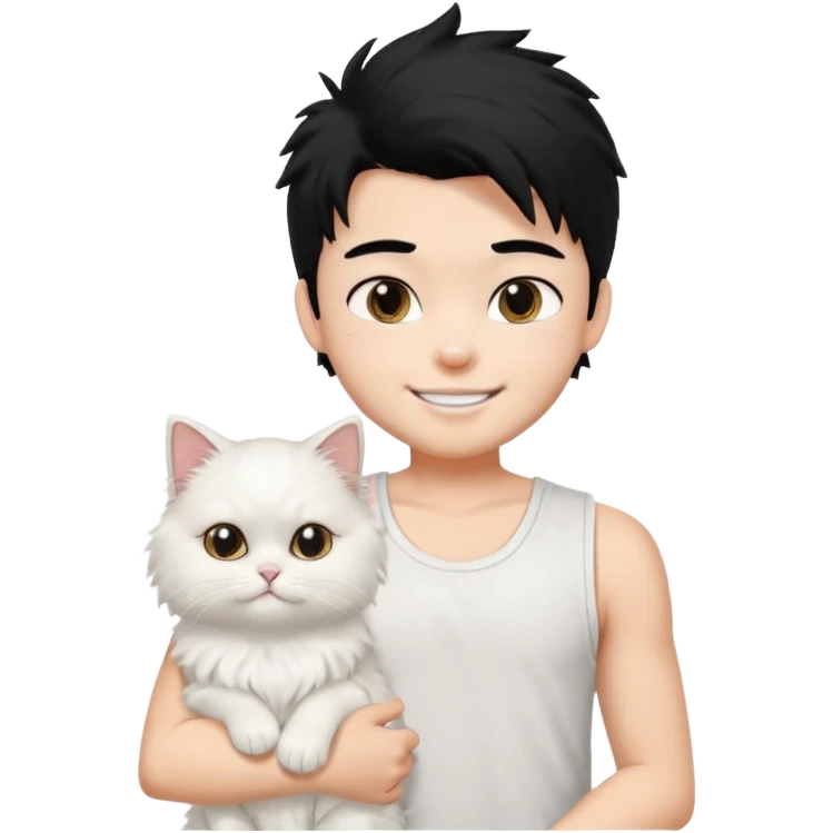 a pretty bratz boy with black hair and white sleeveless tank with a white persian cat smiling emoji