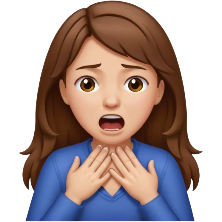 Girl with brown hair, crying/screaming with her hands choking her neck  emoji