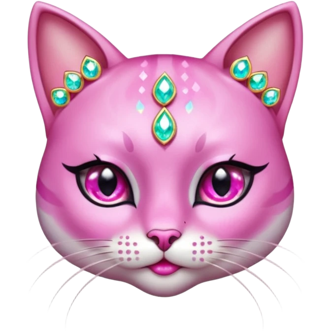 glamorous cat portrait, head and shoulders only, exaggerated pink makeup, bright eyeshadow, long eyelashes, shiny blush cheeks, sparkling face gems, glitter accents, elegant earrings, fantasy beauty style, cute 3D cartoon, mobile game icon style, clean background, no text, no watermark
 emoji