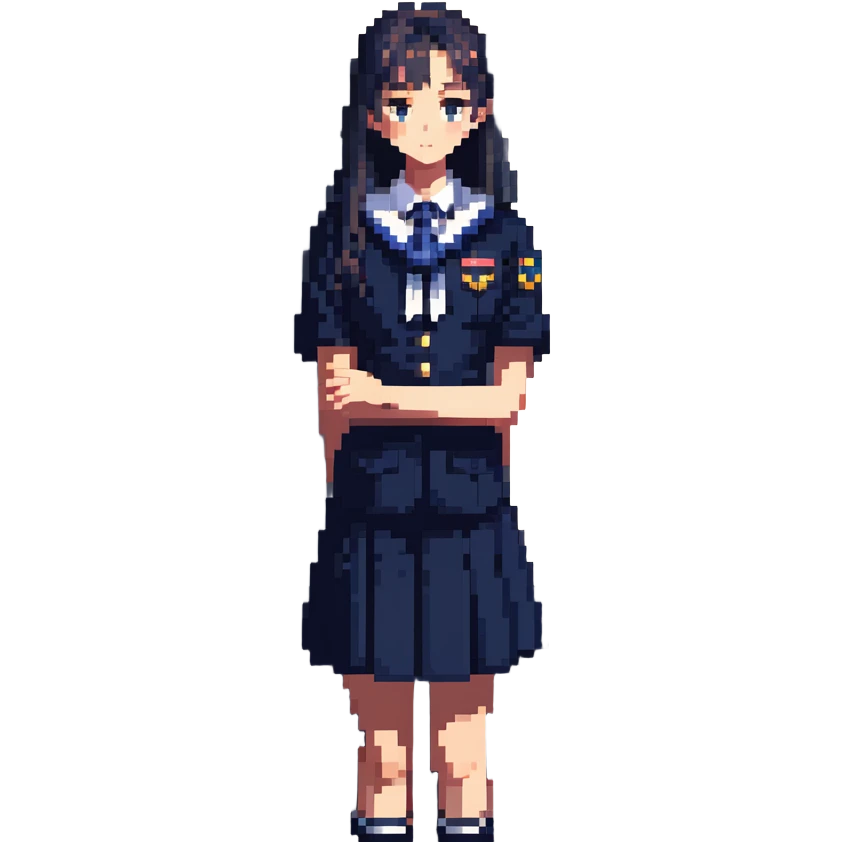 slender schoolgirl in navy uniform in classroom at sunset with dramatic shadows, one desk pulled out, gazing at window, feeling of longing emoji