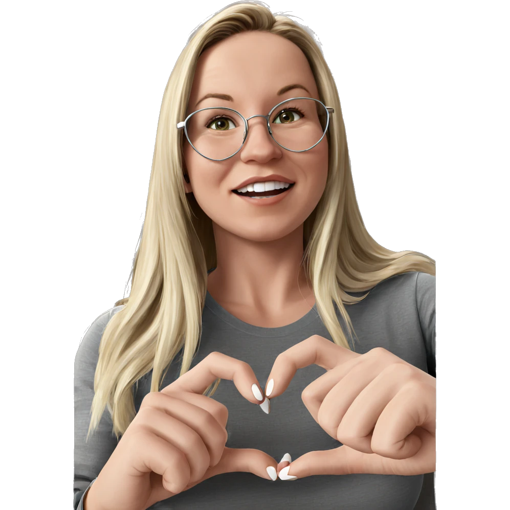 blonde girl with heart hands emoji