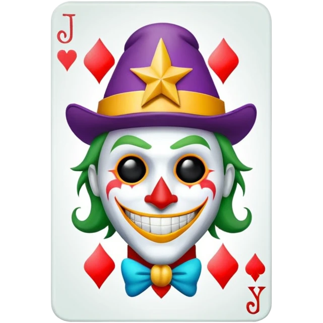 1 poker card, perfectly squared card, with crazy colorful human jolly joker inside, star symbol with a "J" emoji