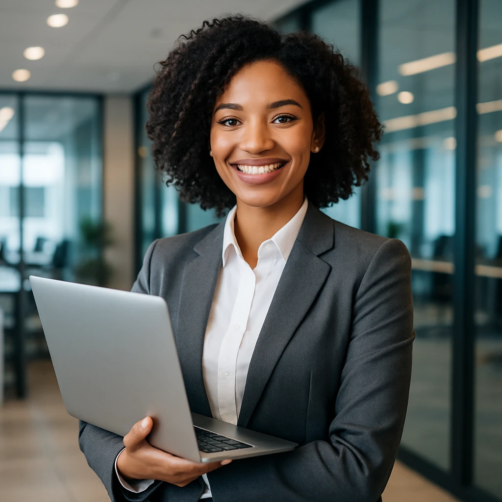 A mixed race young woman in a blazer, holding a laptop, smiling confidently, representing a successful corporate leader. emoji