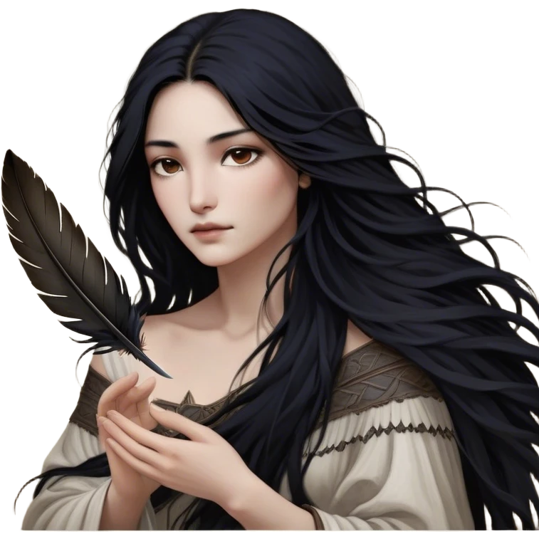 Cinematic Realistic Pocahontas Portrait, depicted with lifelike skin texture, soft natural lighting, and intricately detailed long, flowing raven-black hair that moves gracefully in the wind. Her deep, soulful dark brown eyes exude wisdom and strength, complemented by a serene yet powerful expression. She is shown gently holding a feather in one hand, her other hand resting lightly at her side, embodying the harmonious balance between nature and herself. She is dressed in her classic one-shoulder native American dress, with rich fabric textures and delicate beaded details that catch the light beautifully. The portrait features a soft, sun-kissed glow with a natural, radiant finish, capturing the essence of untamed beauty and deep connection to nature in a realistic and painterly style, evoking a sense of depth and authenticity. emoji