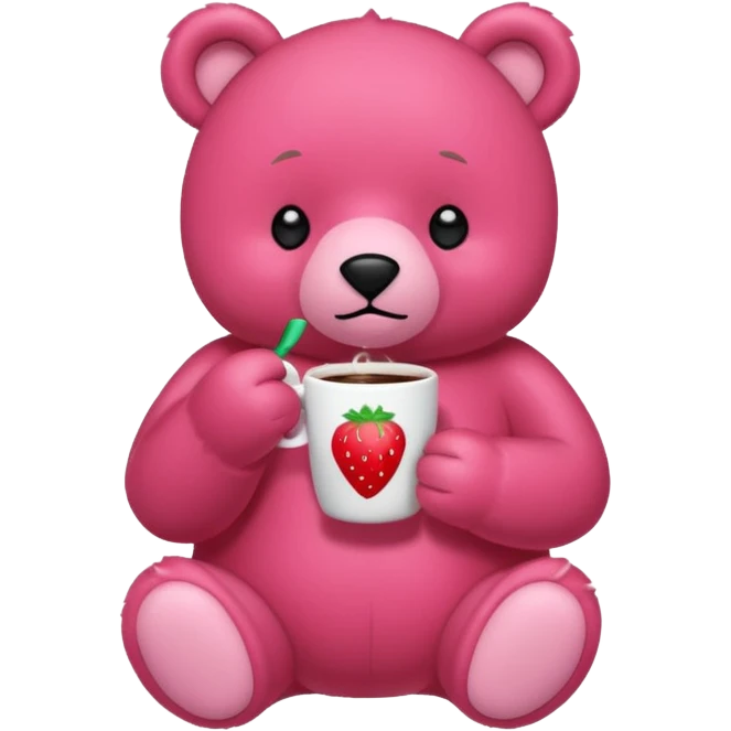 A pink bear is holding a strawberry and drinking coffee with a transparent background in a teenager hand-drawn, 2D, japanese charectors like, style emoji