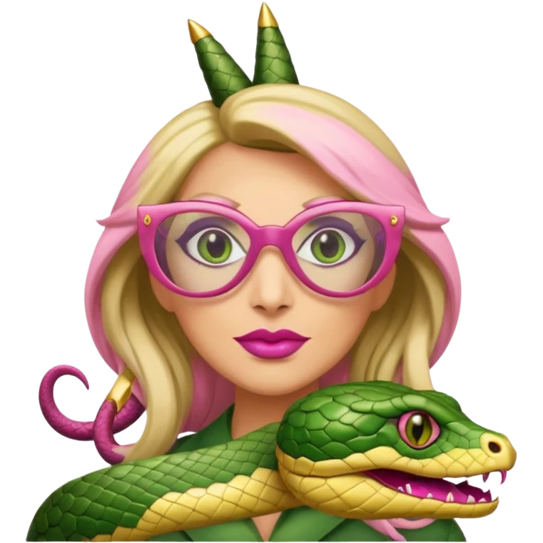 please create a snake with a bitchy evil face wearing a dark blonde wig and pink pointy nails and squared frame golden glasses emoji
