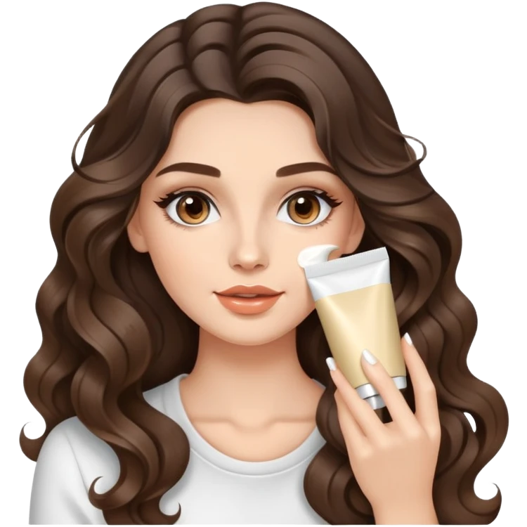 beautiful brunette with a light balayage white girl with nice curls/defined waves, very long hair, clean girl makeup APPLYING A FACE CREAM ON HER FACE emoji