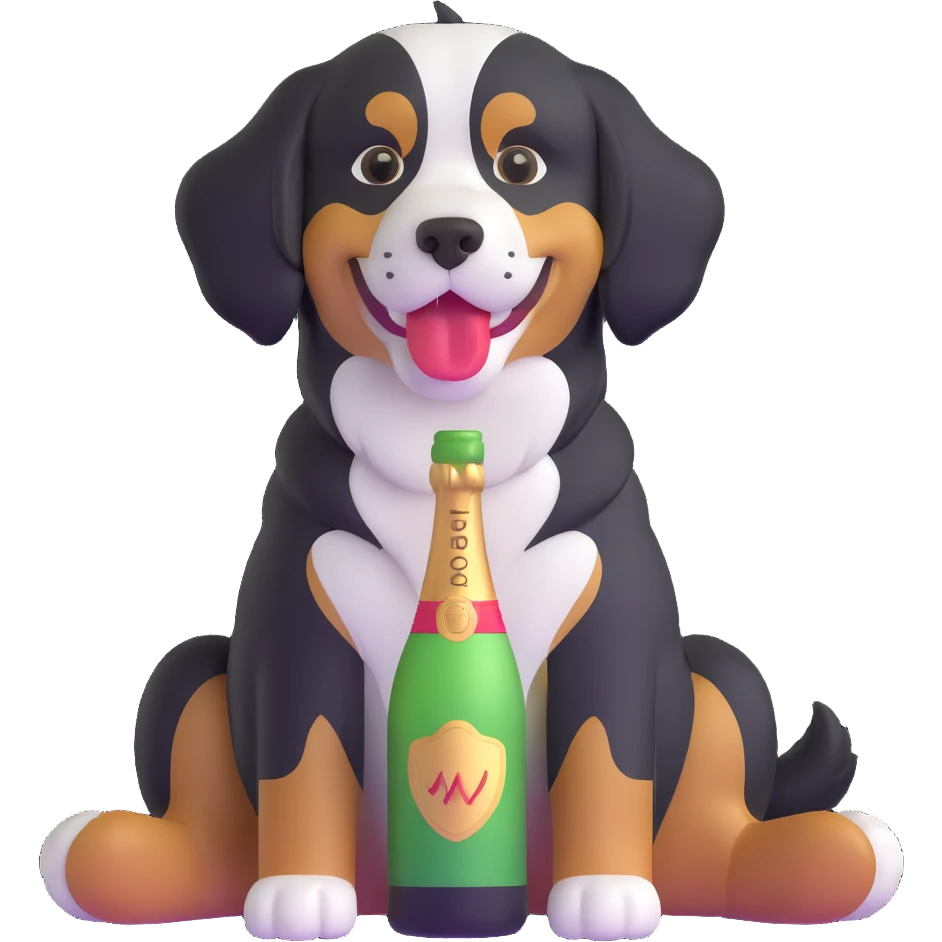 bernese mountain dog with a toy champagne bottle in its mouth, sitting emoji
