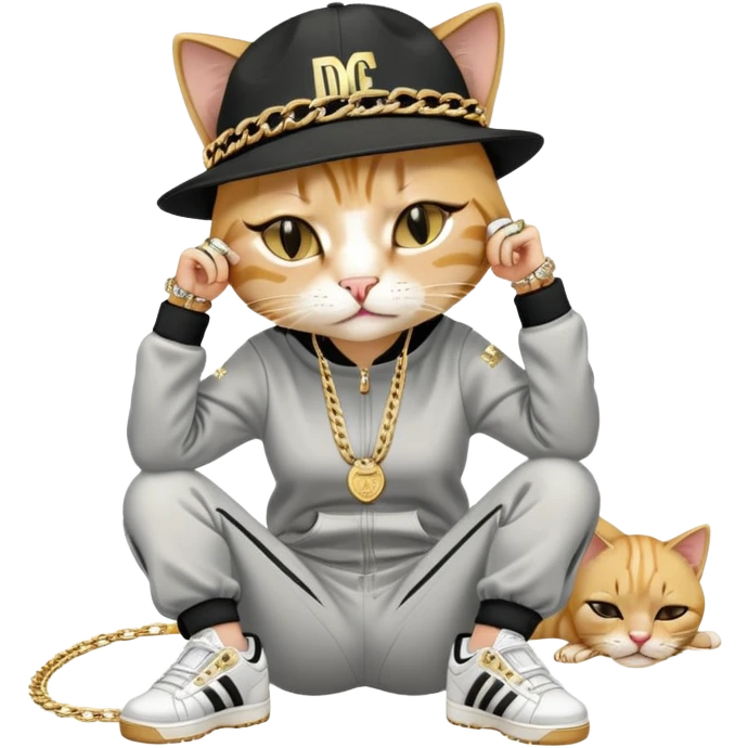 female cat lying horizontally on the ground, crying, dressed like Run DMC with tracksuit, fedora, Adidas shoes, lots of gold chains, rings, bracelets, earrings, no sunglasses emoji