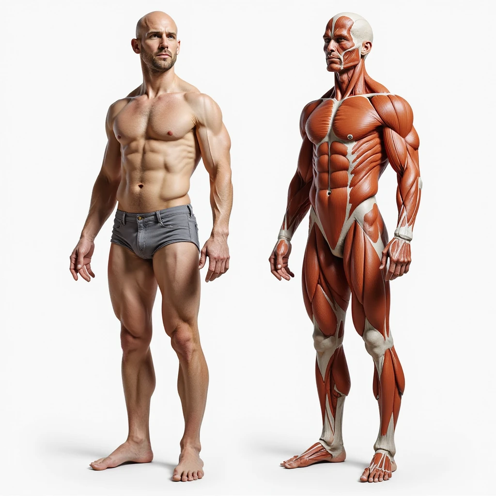 realistic male body in 9:16, standing front view, left half with visible fat accumulation and anatomical overlay of adipose tissue, right half lean with well-defined muscles and muscular anatomical overlay emoji