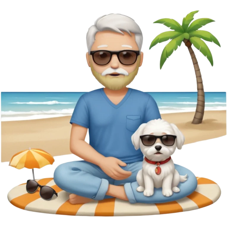 white man grey hair beard holding a white Maltese sitting on a beach full body emoji