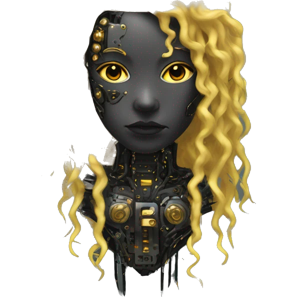 black metal female cyborg head with circuitry and yellow gold curly hair emoji