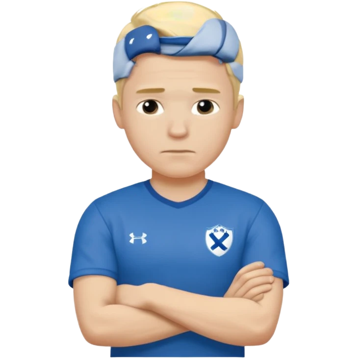Pale blond man in blue football t shirt crossed arms cold stance  emoji