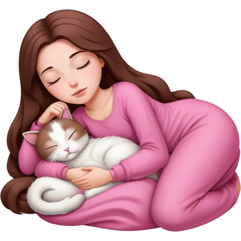 A pretty white girl with very long brown hair and pink clothing sleeping curled up to a white cat  emoji