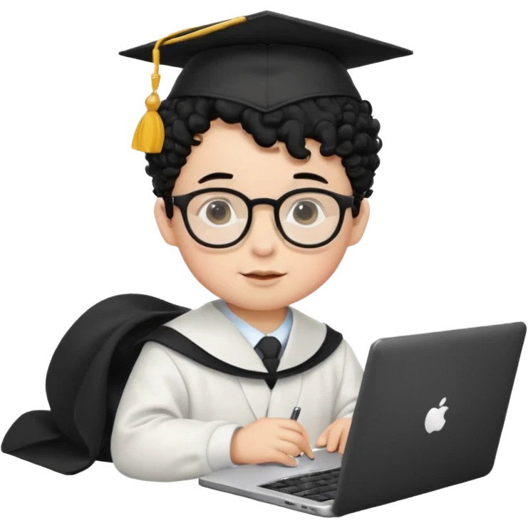 A baby boy DEVELOPER WITH A laptop, black curly hair and topknot, wearing glasses and a mortarboard emoji