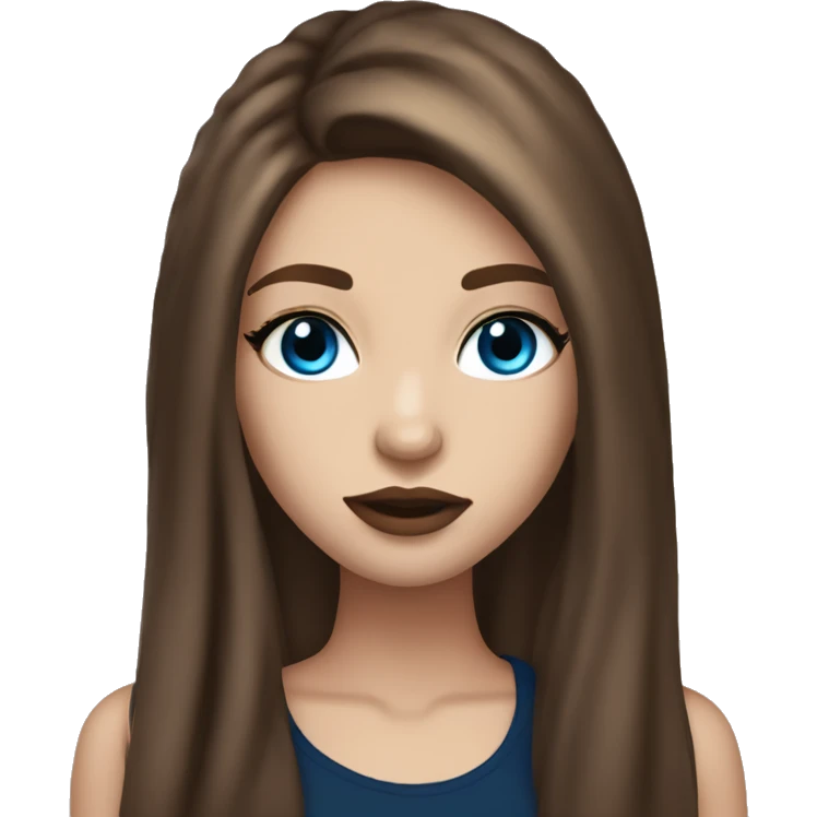 a pretty girl with beutiful long brown hair blue eyes lashes big lips and a  basic black top emoji