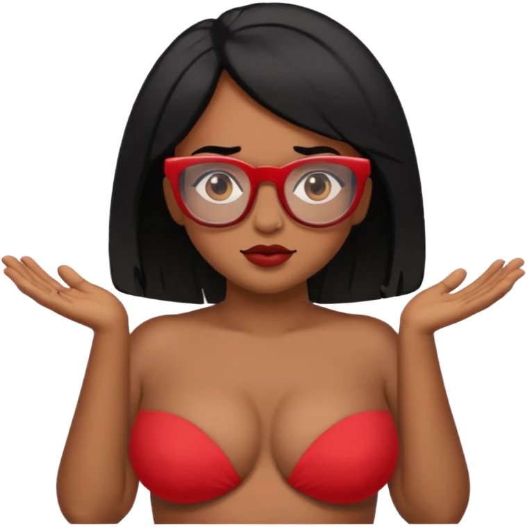Topless shrug, black hair, red glasses, brown skin, bigger areola  emoji