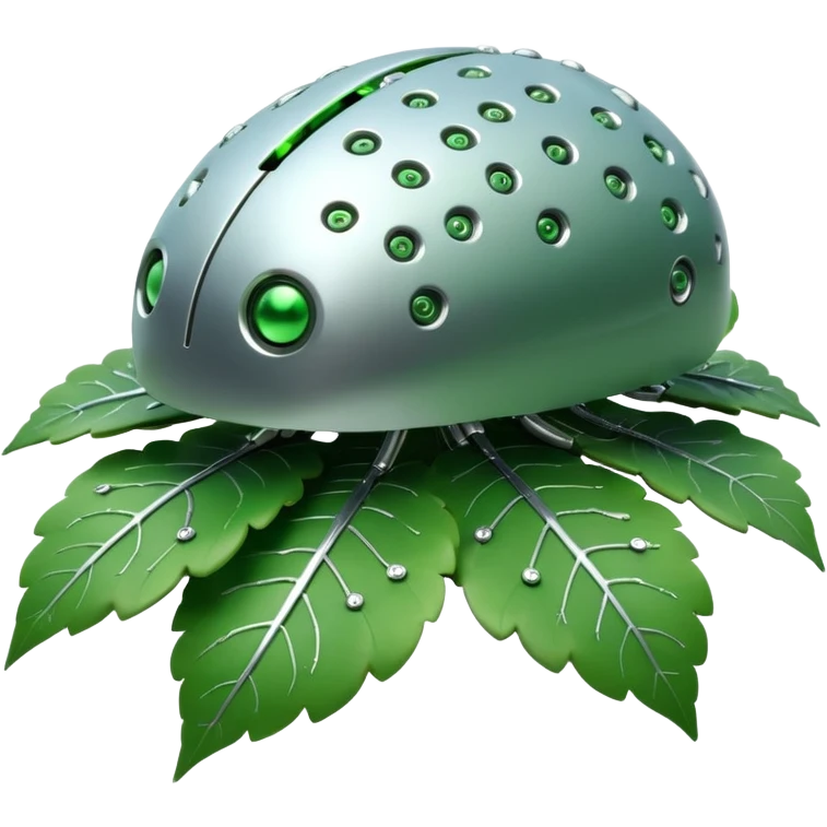 3D render of Nanobot Cloud, futuristic cyborg aesthetic, fusion of organic skin and chrome metal, swarm of tiny silver dots eating a green leaf, isolated on white background --v 6.0. emoji