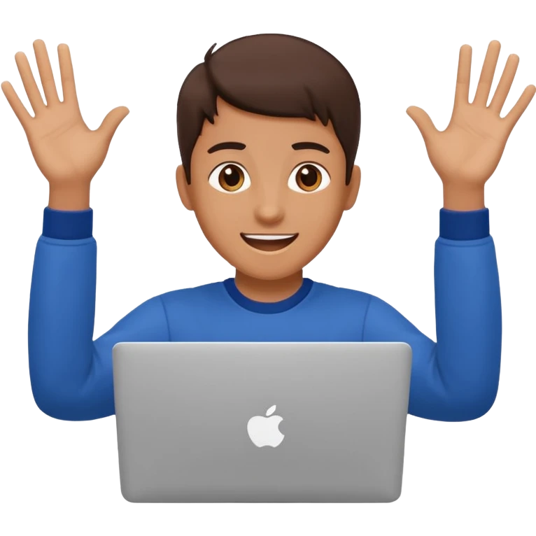 student with laptop, excited, hands up emoji
