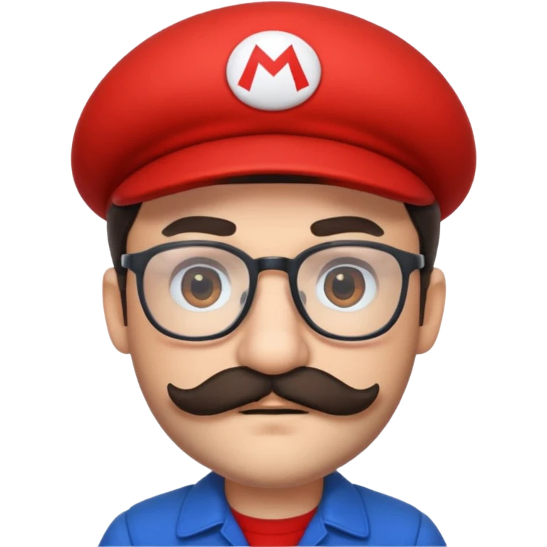 person with glasses, short dark hair, mustache and beard, dressed as Mario, holding a red cap emoji