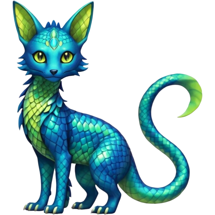 Colorful scaley scaled lime-green, turquoise, Bastet-Salandit-Umbreon-Gatomon-Vernid-Protogen-Digimon-Fakémon-Pokémon-creature  (full body) emoji