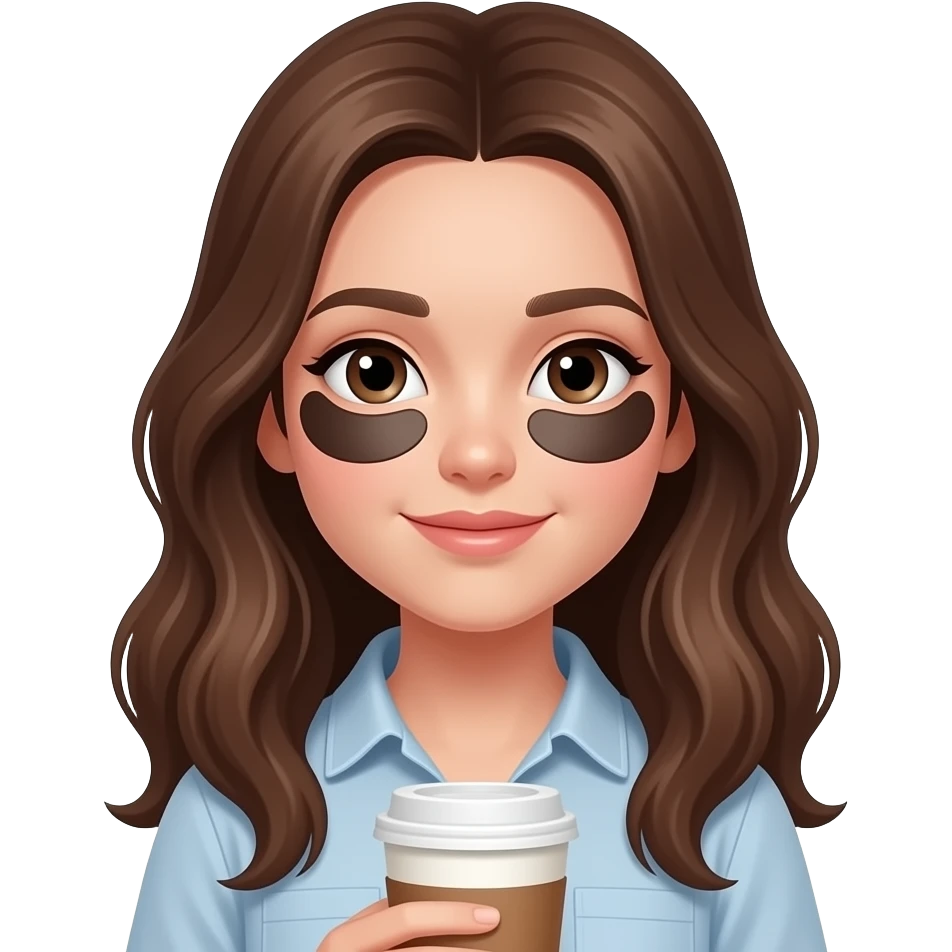 chica de piel blanca, morena de pelo, con el pelo suelto pero que se le vea bien la cara  y que tenga unos parches de contorno de ojos que se colocan bajo los ojos, sobre las ojeras negros puestos en la cara y que esté sujetando una taza de cafe. tiene que cubrir toda la ojera emoji