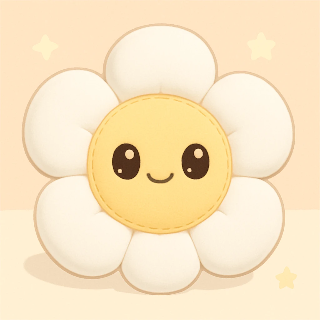 Make the kawaii plush flower with white petals and a yellow center, chubby petals, embroidered details, happy face. emoji