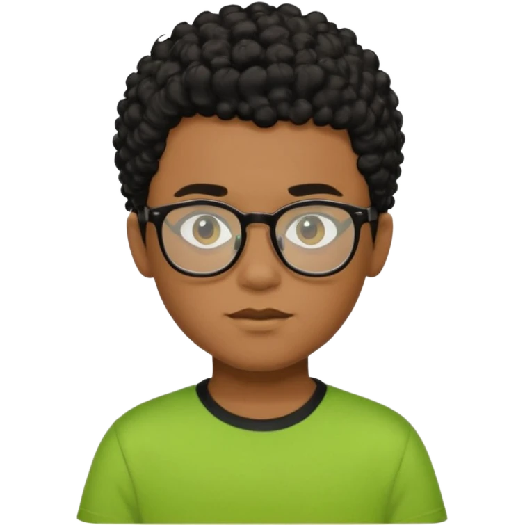 Menino pardo com cabelo curto cacheado preto raspado dos lados, de óculos preto e blusa verde e amarela emoji