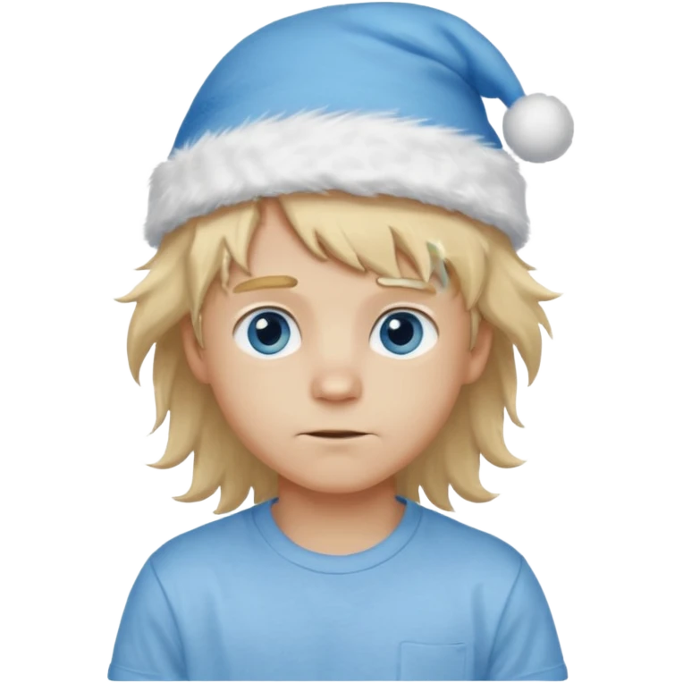 create boy blonde hair long messy, light eyes, white t shirt, rich, long hair, eyes blue, acessory head cristimas blue hat, long hair, fluffy hair emoji