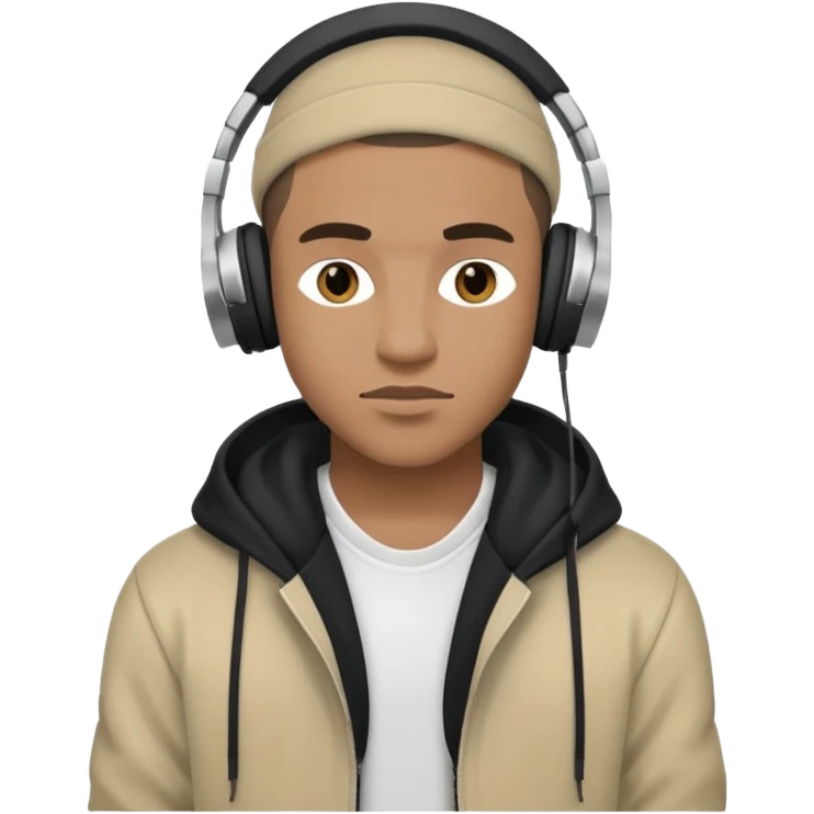 portrait of a confident man inspired by the reference image, music-forward, jaded but in a good way, wearing urban streetwear, with headphones or music accessory emoji