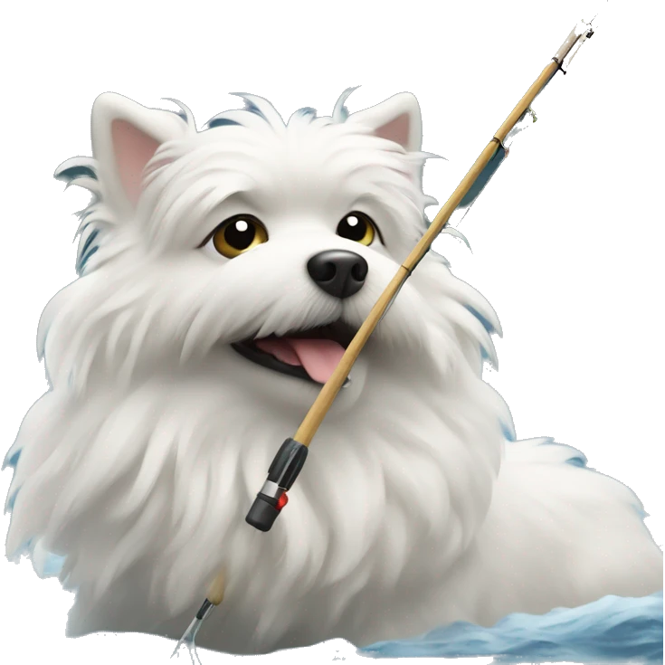 A white medium-fluffy small dog fishing at a lake emoji