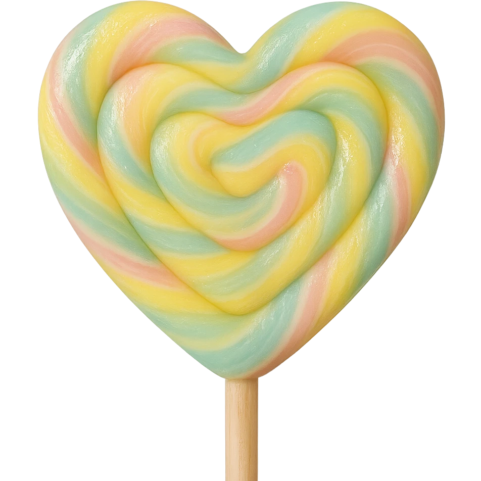 Change the lollipop to a heart shape, keep the pastel rainbow swirl, background transparent, realistic style. emoji
