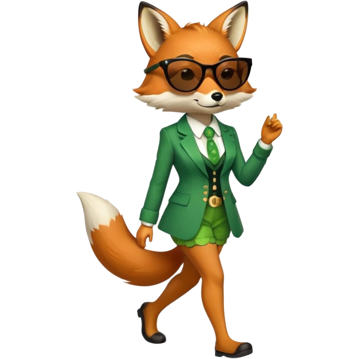 serious anthropomorphised female fox in stylish St. Patrick's Day outfit with sunglasses, walking with confidence, full-body view emoji
