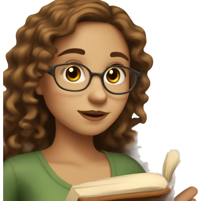A young woman with long curly brown hair, she has light, white skin, there are two moles on her right cheek, she has brown eyes, she looks not at the camera, but at an open book in her hands emoji