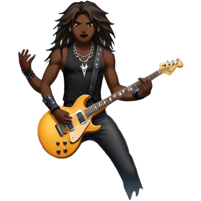 Icon for Heavy Metal: a metal band on stage, with electric guitars, drums, and a powerful vocalist. The atmosphere is intense with flashing lights, music notes, and a crowd of fans. The design should capture the energy and power of a live heavy metal performance. Transparent background. emoji