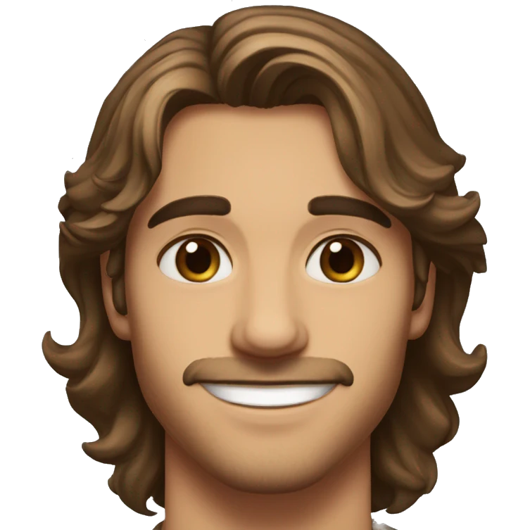 Handsome man, 22 years old, light mustache and chin hair, long brown hair, hazel eyes, good eyebrows, beautiful smile emoji