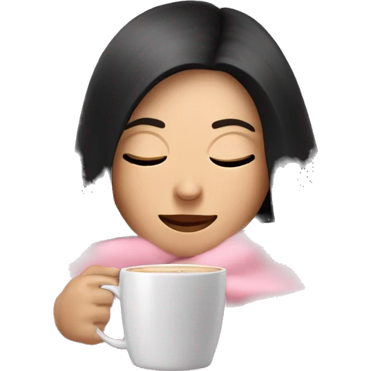 white girl with black straight hair inside a pink blanket sipping coffee eyes closed emoji