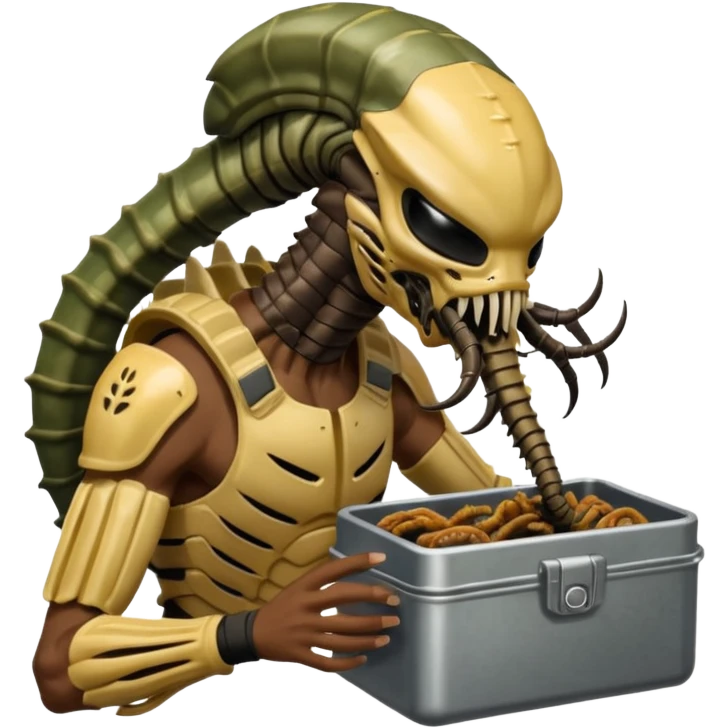 The Predator with full armor and mask eating an Alien facehugger from a lunchbox, the setting should be dark and real. emoji
