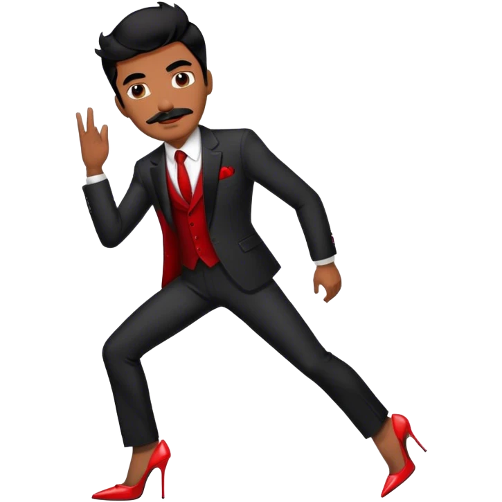 Man in a black suit suit and red strappy high heels with black hair and black mustache and brown skin emoji