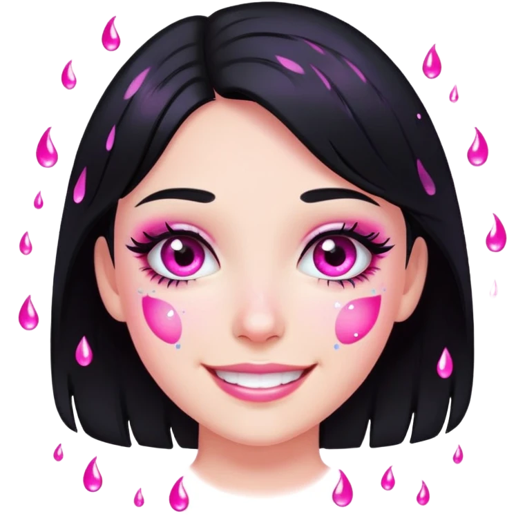 smiling girl with black hair, pink glitter tears, no heart eyes emoji