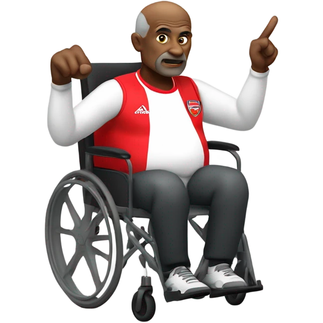old black bald man with a round belly in wheelchair. angry face. grey stubble. he is pointing finger in front. wearing Arsenal soccer shirt. word bubble emoji